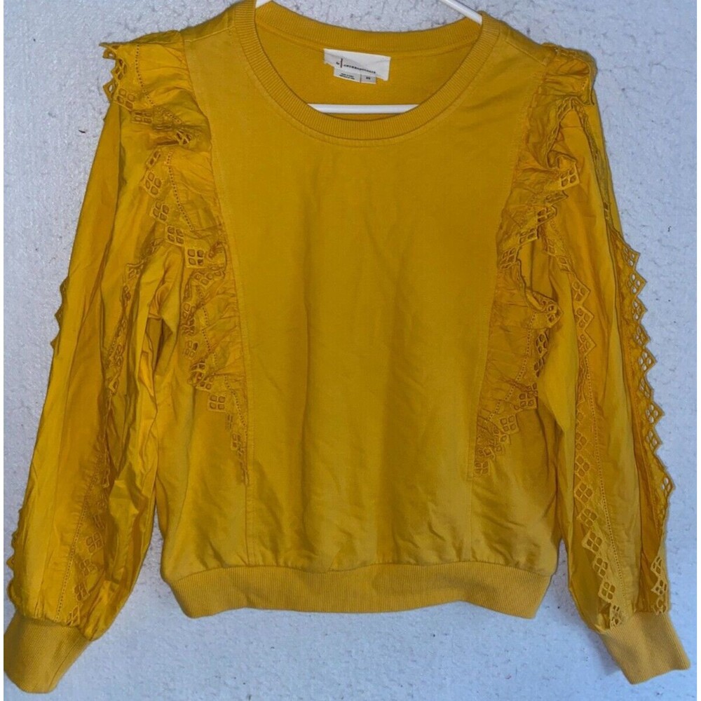 Anthropologie Sweater Womens Size XS Yellow Ruffle Lace Boho Crew cotton